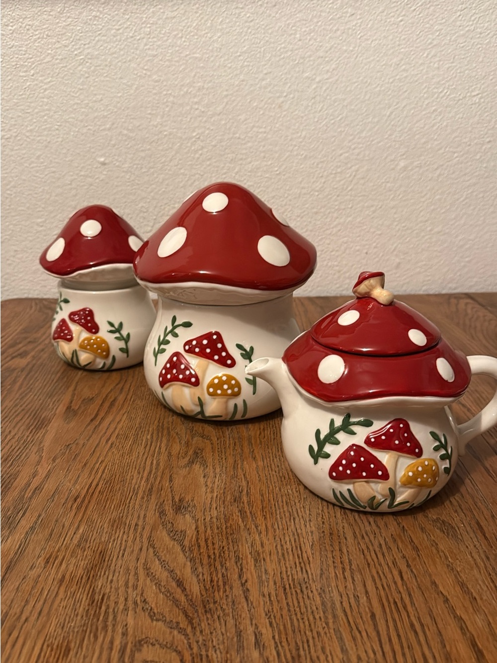 Hand-Painted Red Mushroom Ceramic Canister and Teapot Collection